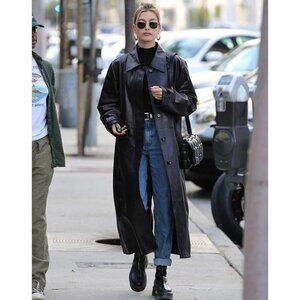 Hailey Bieber Style Genuine Leather Vintage Trench Coat